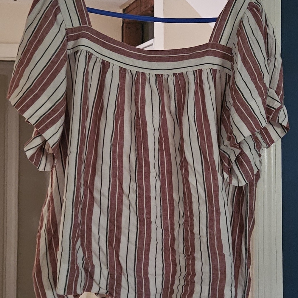 LOFT Burgundy and Cream Striped Blouse